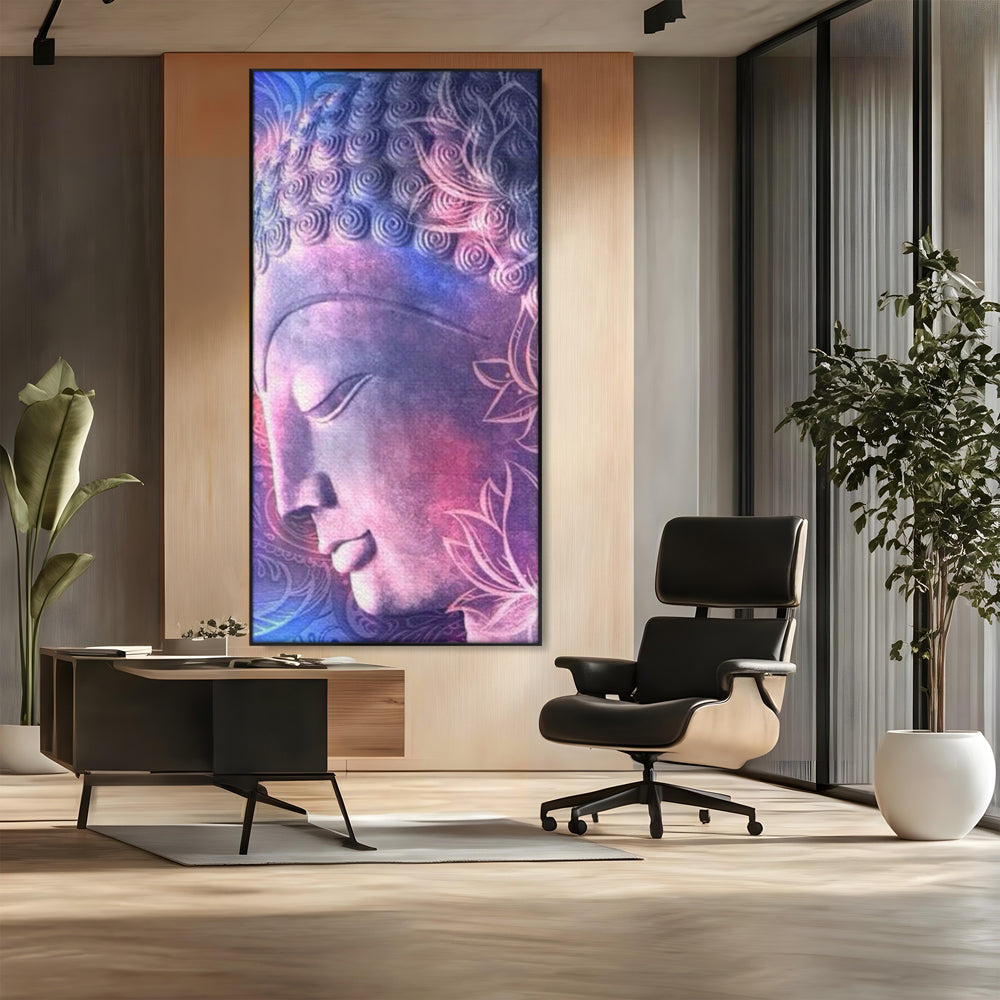 Tablou canvas cu tablou vertical cu profil de buddha, in rama de aluminiu negru, pe perete intr-un birou